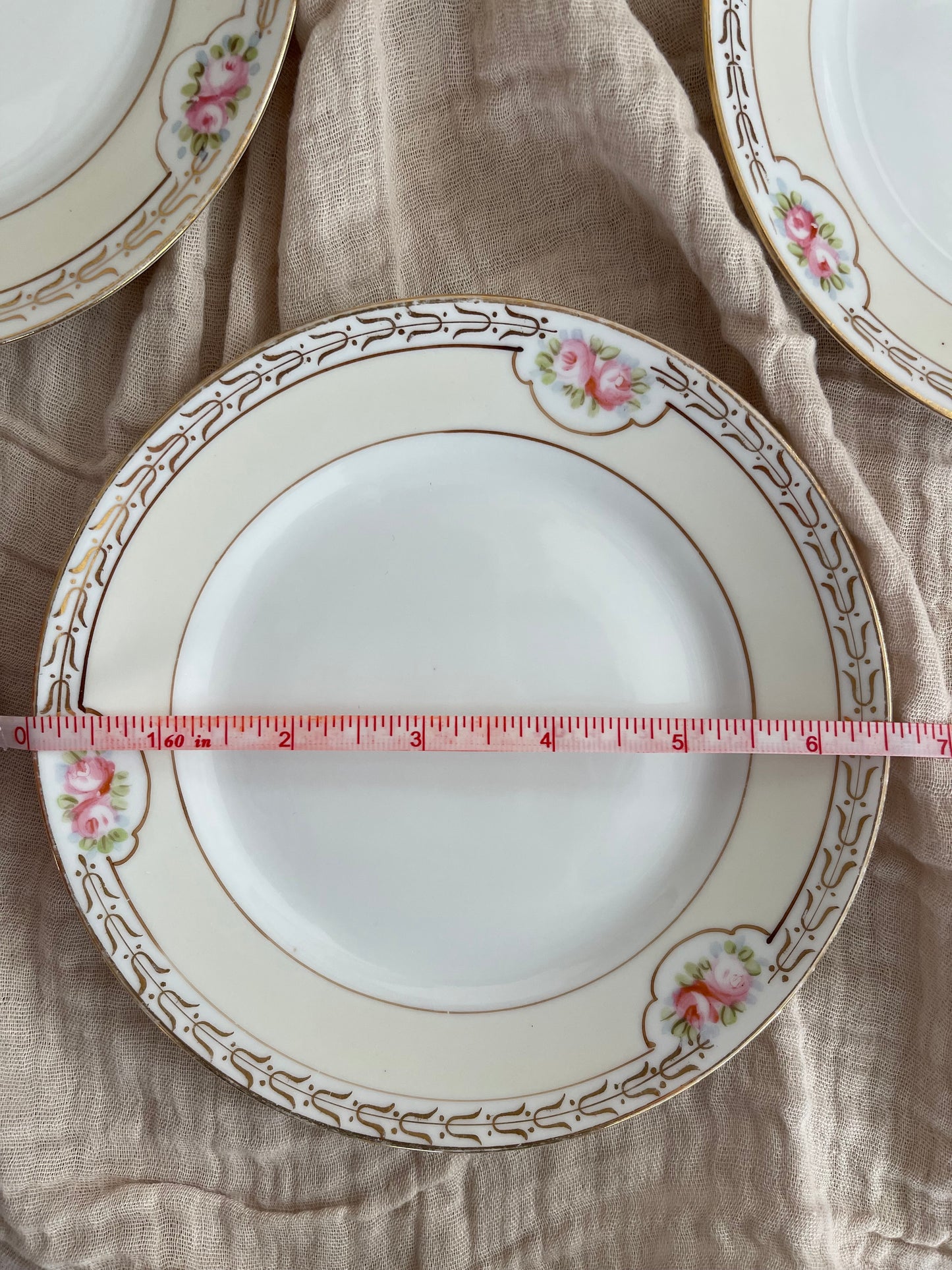 Antique Matching Nippon Bread Plates with Gold Trim and Pink Flowers, Bridal Shower Dessert Dishes, Wedding Dinnerware Set of 4