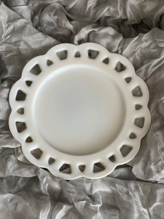Vintage Hazel Atlas Milk Glass Open Lace Edge Salad Luncheon Plate 8.5"