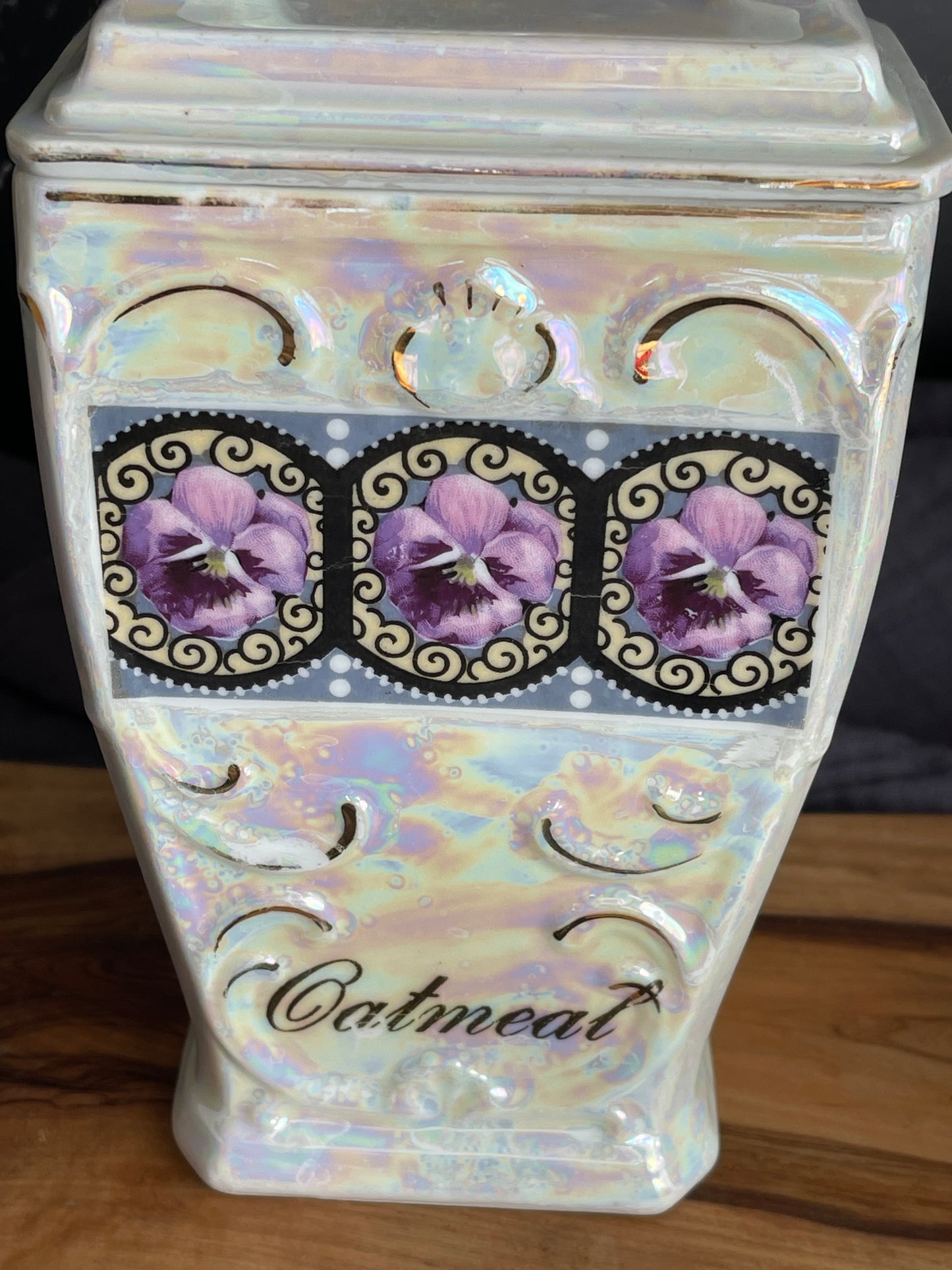 Vintage 30’s Mepoco Ware Lusterware Oatmeal Jar