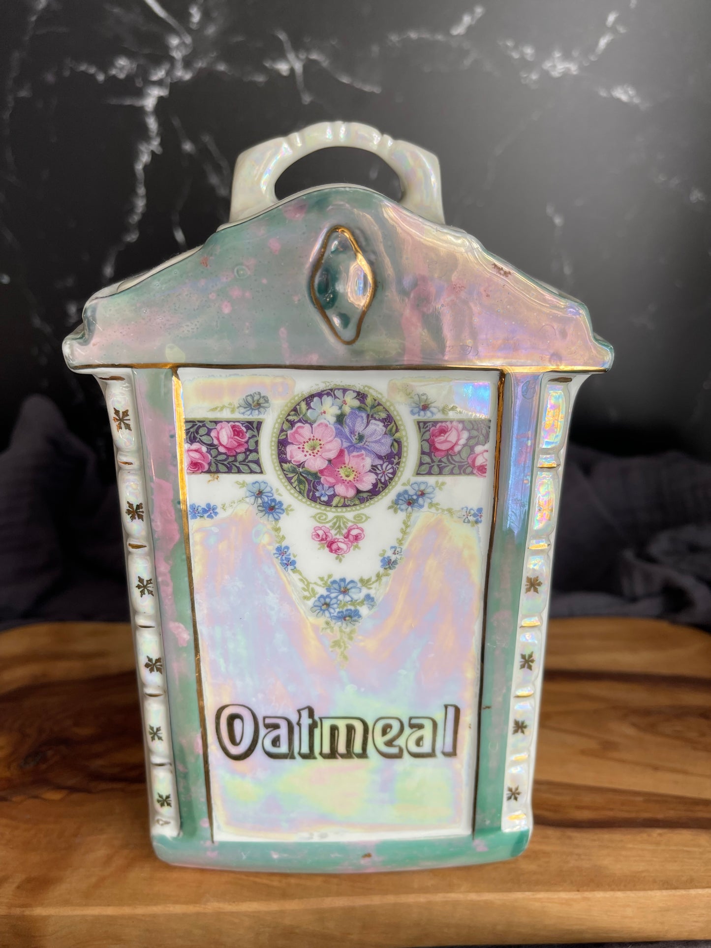 Vintage 30’s Mepoco Ware Lusterware Oatmeal Jar