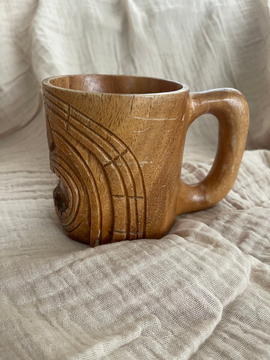 Vintage Hand Carved Wooden Tiki Face Coffee Mug Cup Hawaii Bar Ware Monk