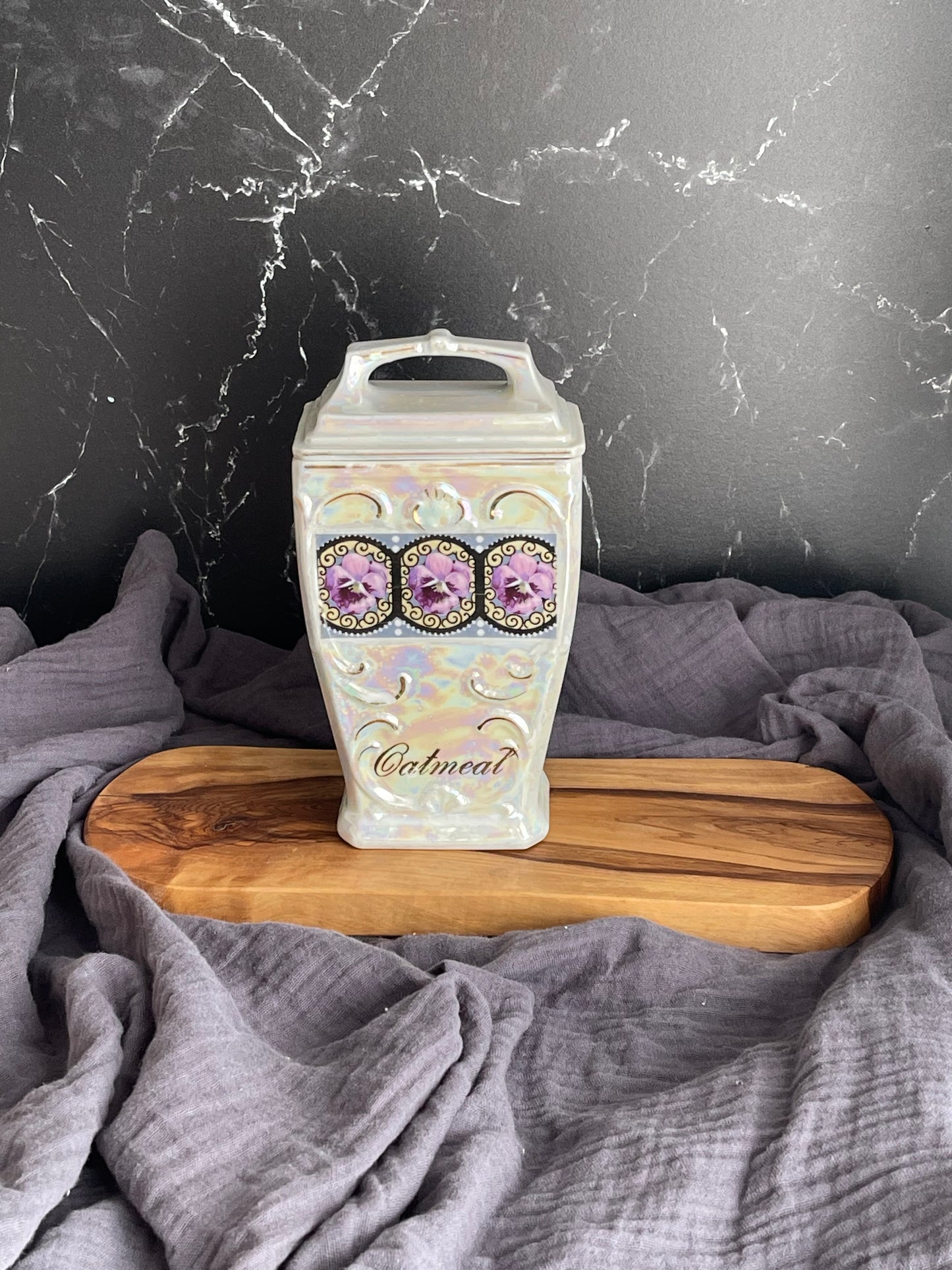 Vintage 30’s Mepoco Ware Lusterware Oatmeal Jar