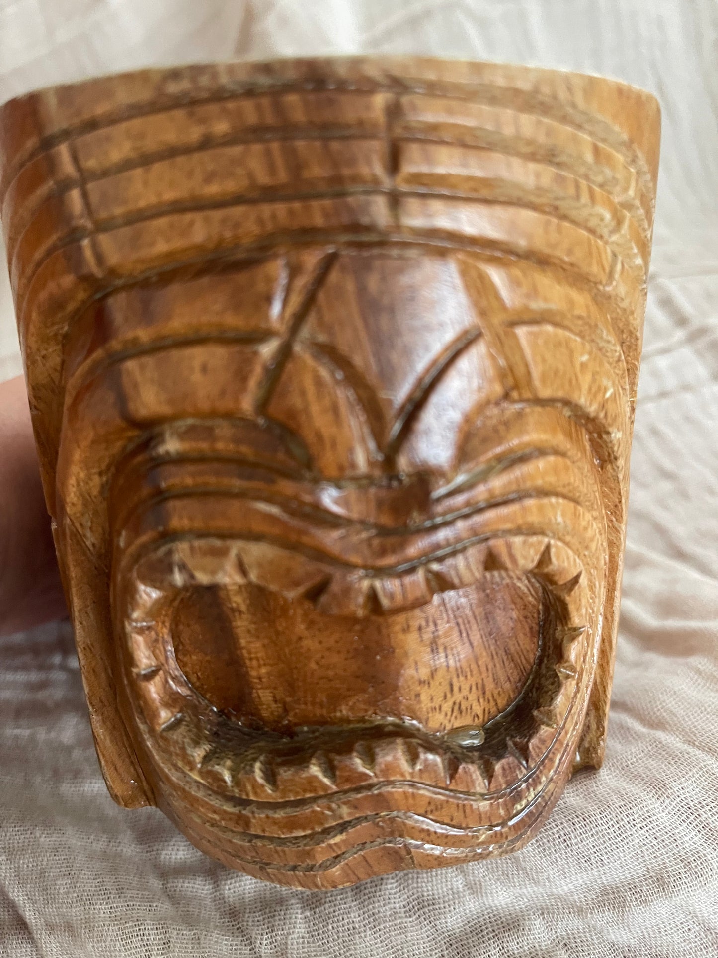 Vintage Hand Carved Wooden Tiki Face Coffee Mug Cup Hawaii Bar Ware Monk