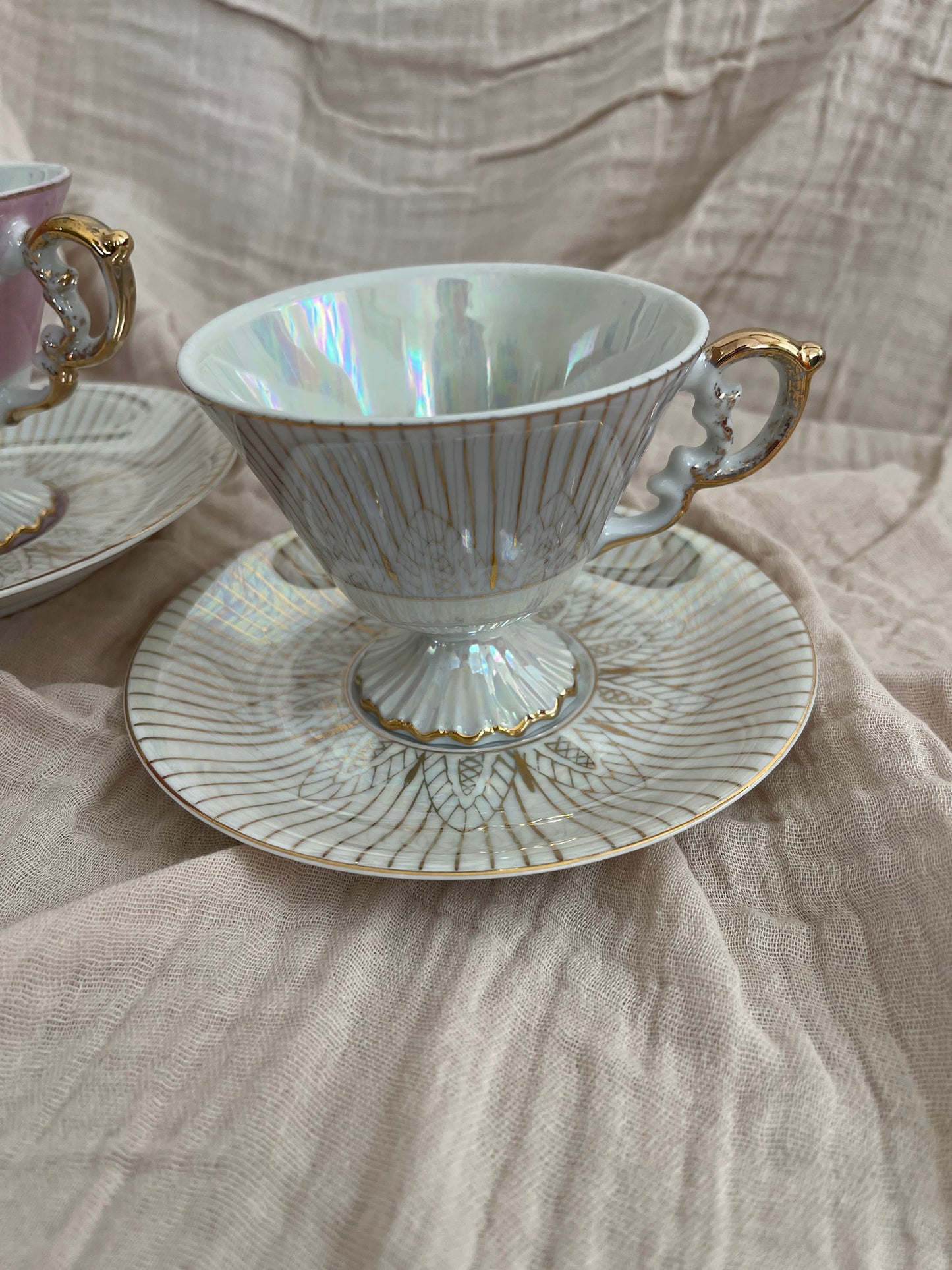 Vintage Norleans Footed Pink Teacup And Saucer, Japan Set of 2