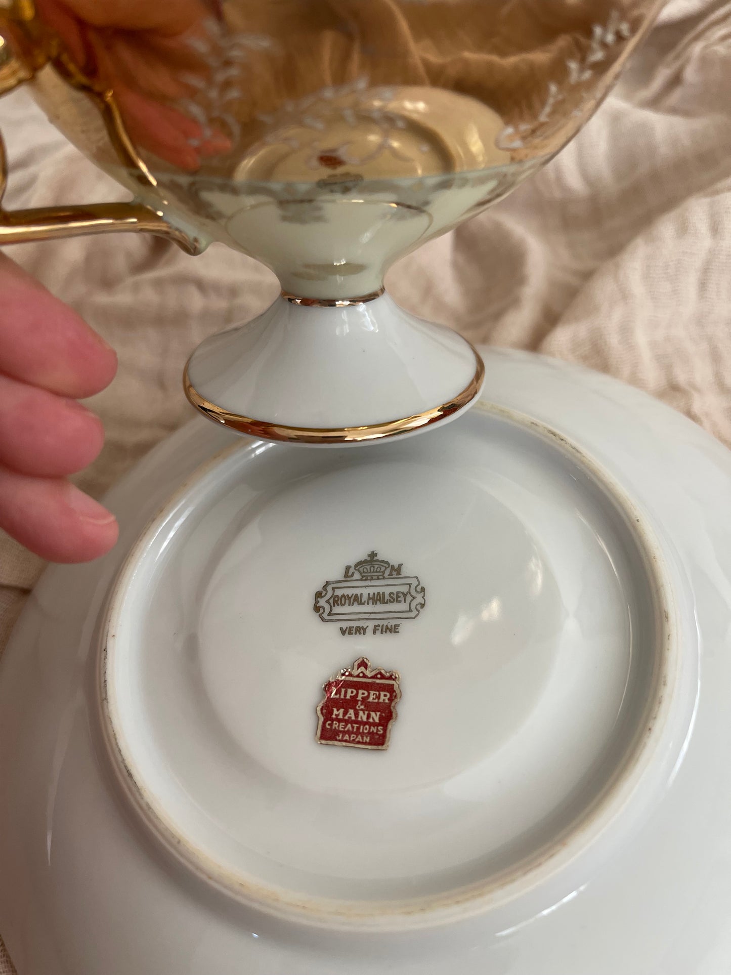 VINTAGE TEA CUP & SAUCER ROYAL HALSEY WITH GOLD COLOR DESIGN