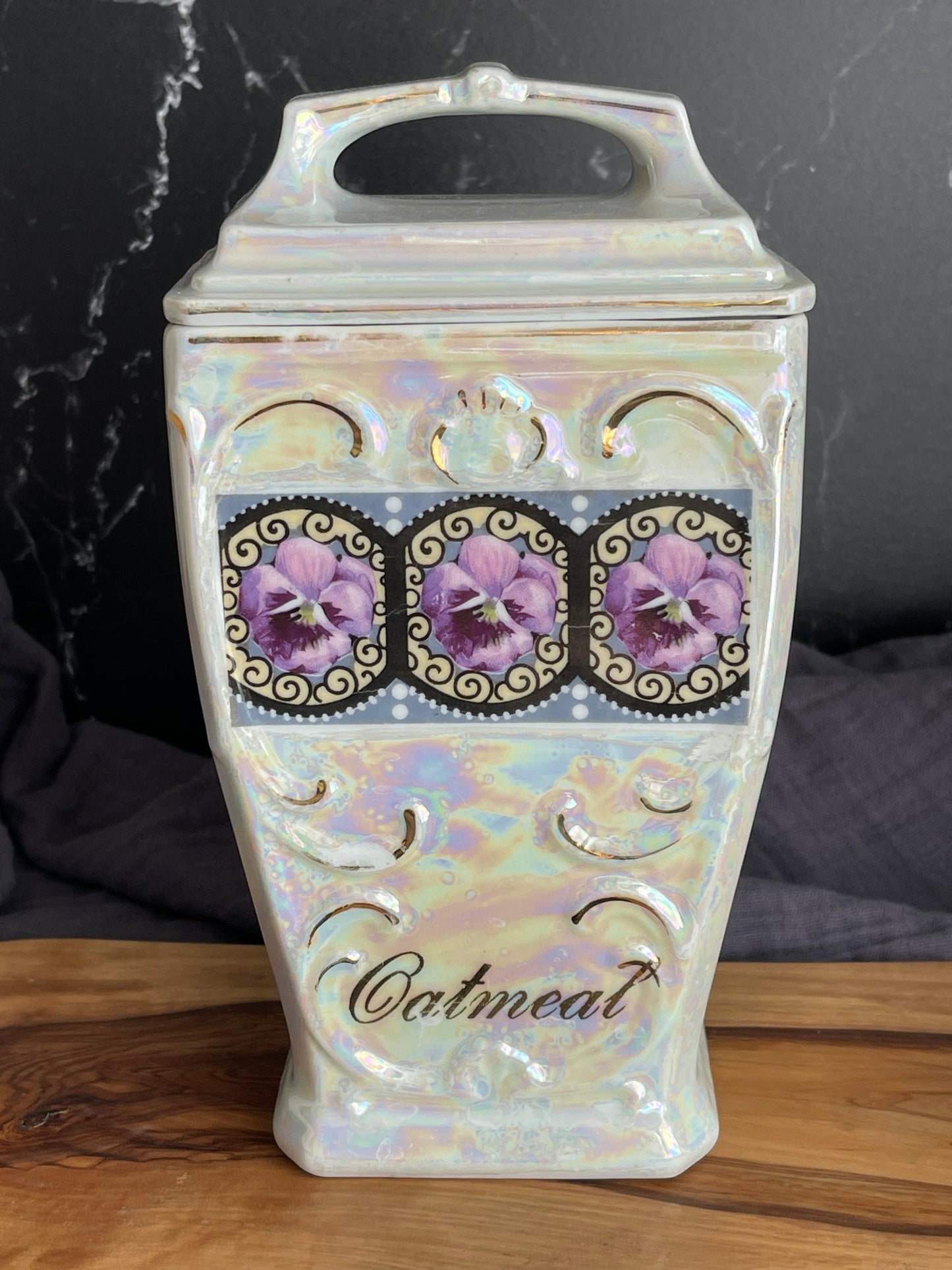 Vintage 30’s Mepoco Ware Lusterware Oatmeal Jar