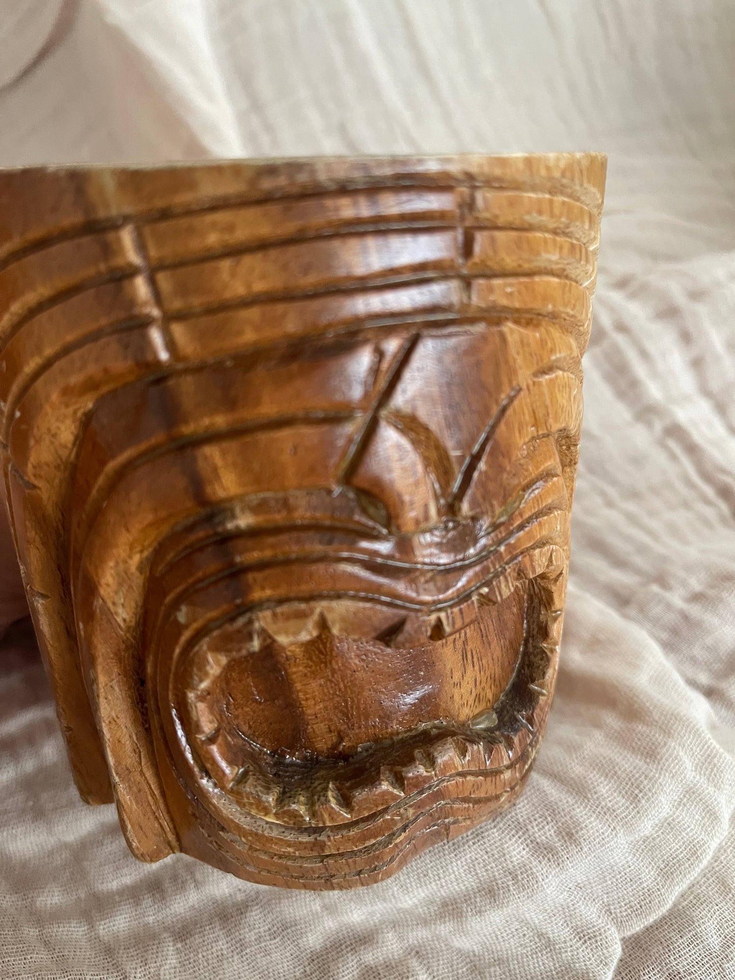 Vintage Hand Carved Wooden Tiki Face Coffee Mug Cup Hawaii Bar Ware Monk