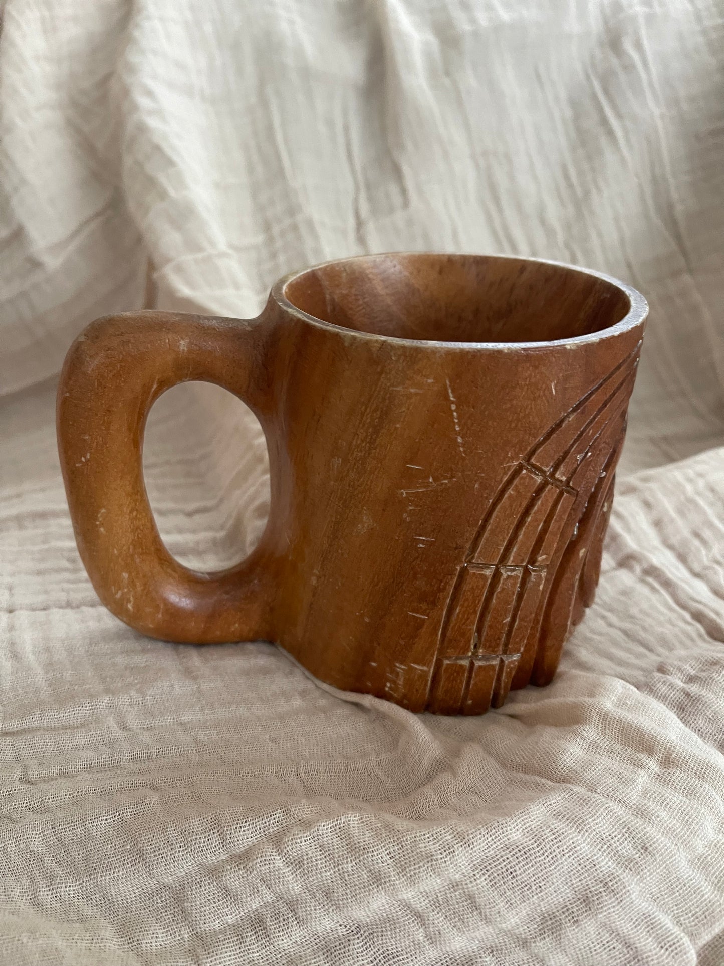 Vintage Hand Carved Wooden Tiki Face Coffee Mug Cup Hawaii Bar Ware Monk
