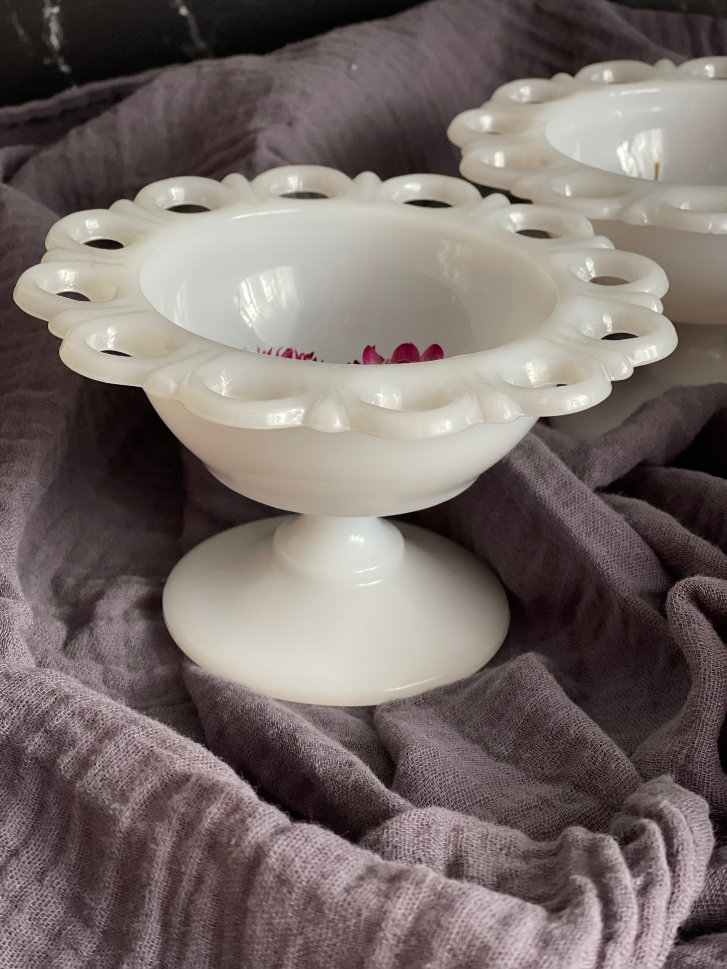 Vintage Milk Glass Eyelet Candy Dish on Pedestal