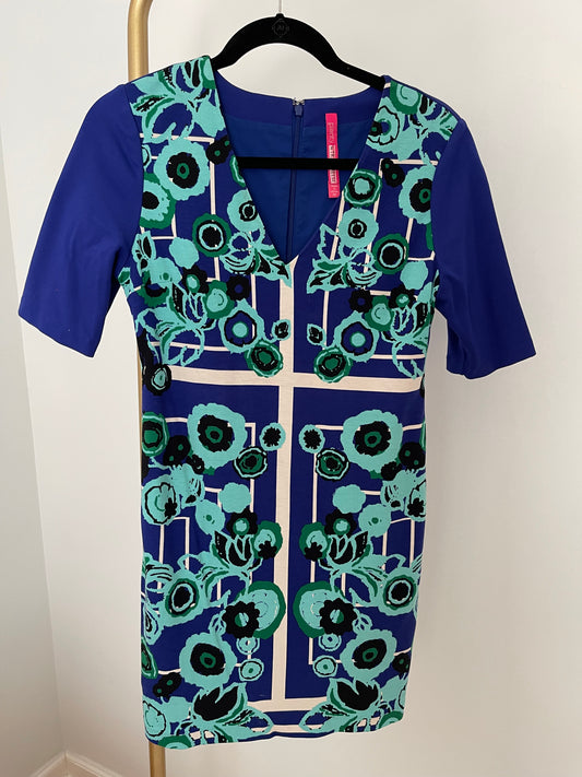 Tracy Reese Blue Floral Sheath with Teal and Black Accents Size 4P