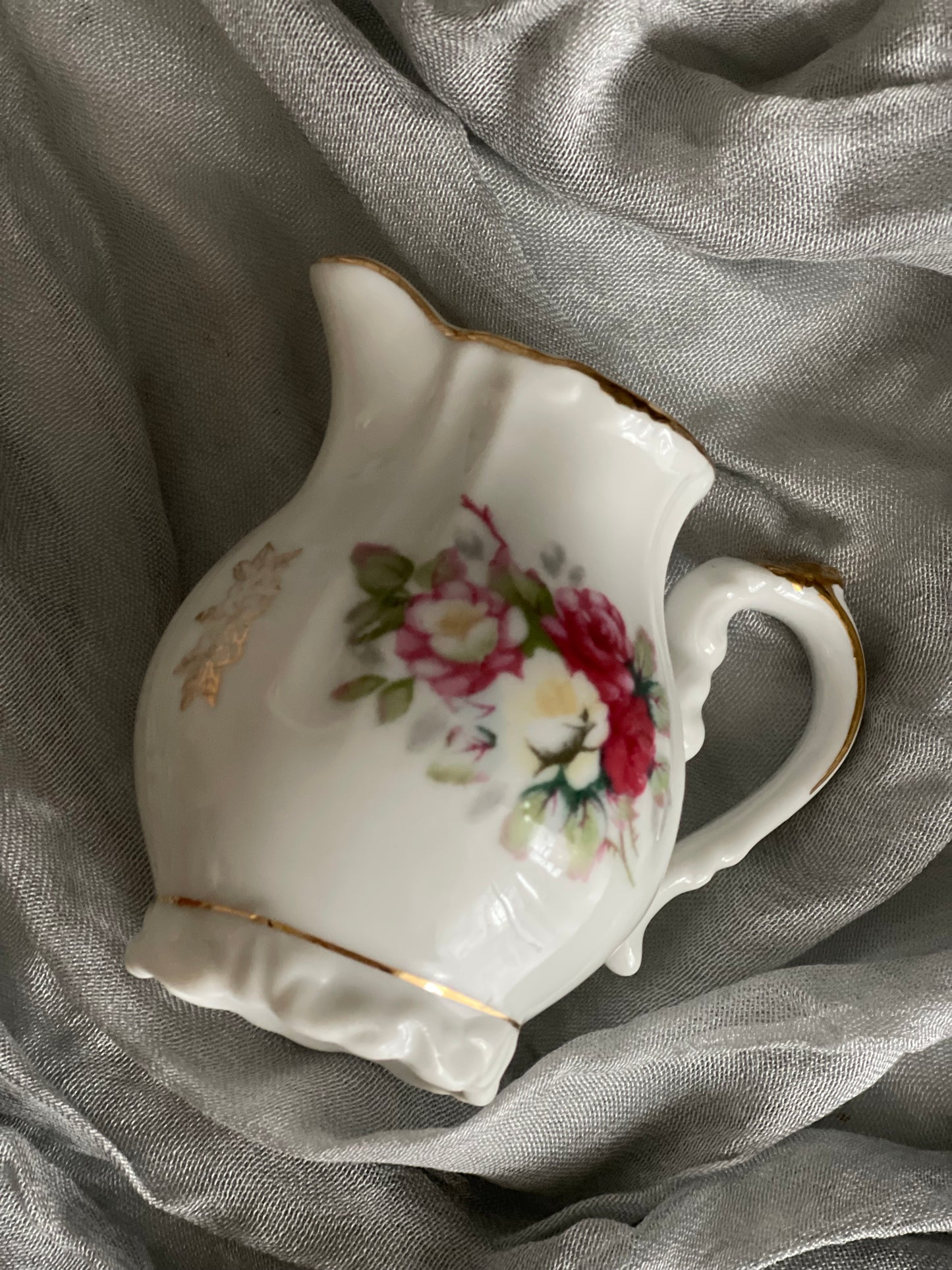 Royal Crown 1147 Gray & Pink Flowers, Gold Floral Creamer and Saucer