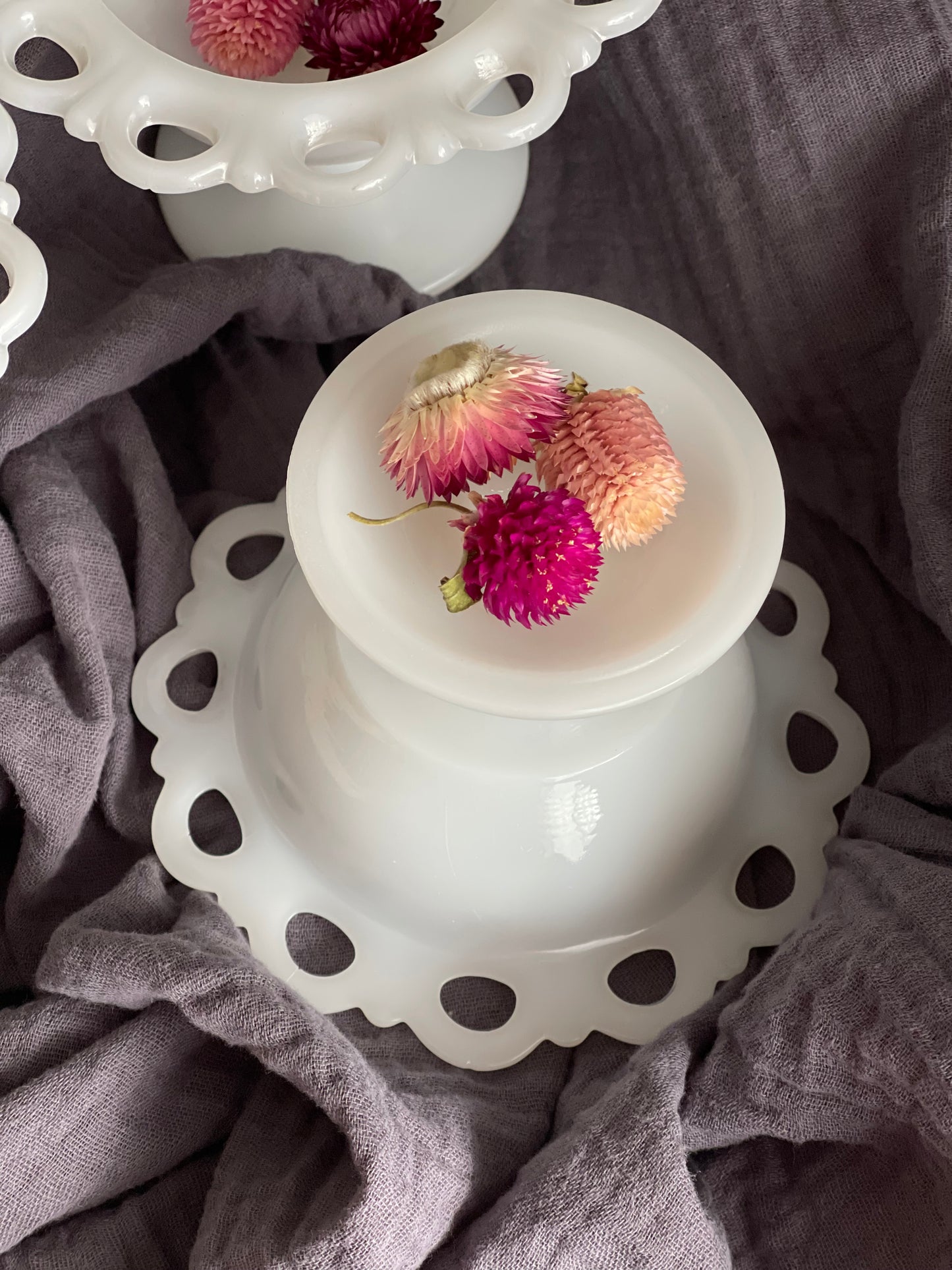 Vintage Milk Glass Eyelet Candy Dish on Pedestal