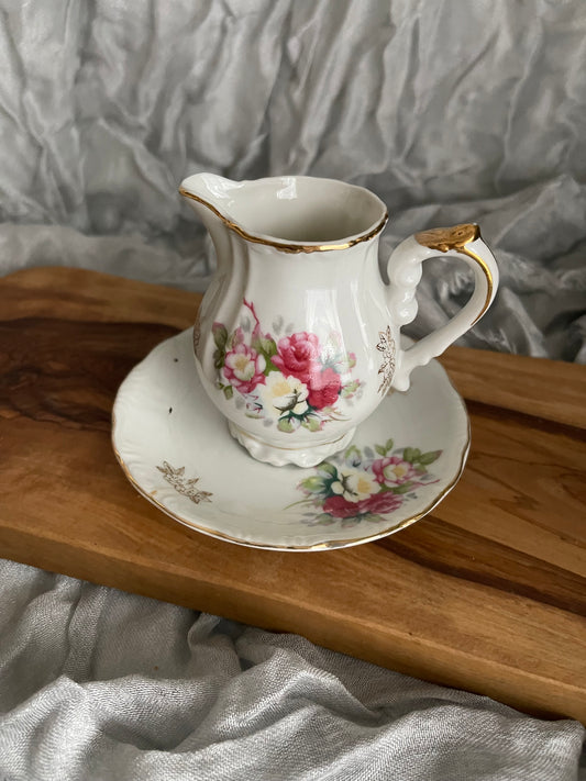 Royal Crown 1147 Gray & Pink Flowers, Gold Floral Creamer and Saucer