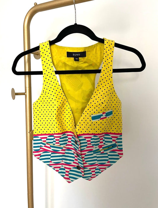 SUNO Yellow Polka Dot and Striped SILK Vest size XS
