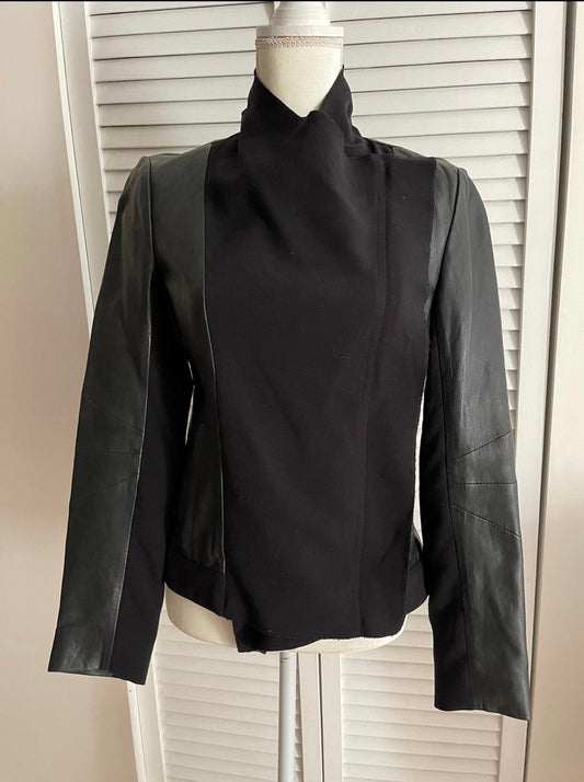 Elie Tahari Black Mixed-Media Leather Sleeve Jacket Size S